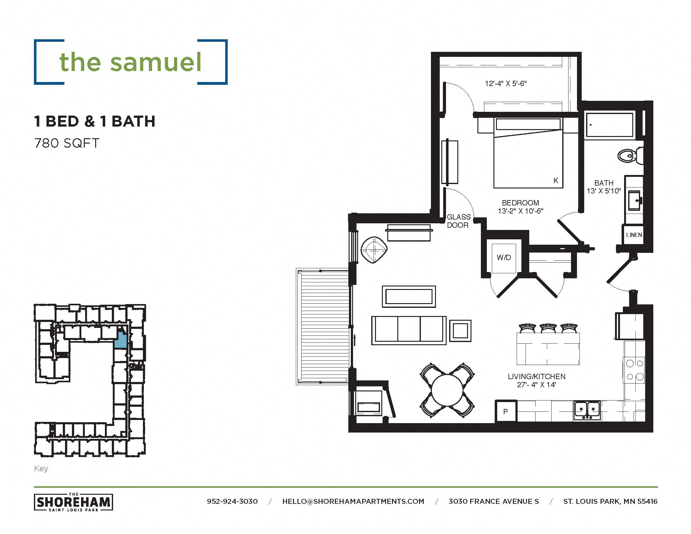Floor plan for 1 bed, 1 bath, 780 sqft